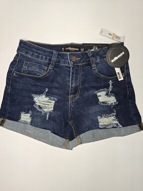 Dollhouse Distressed Denim Shorts Juniors 3/4 Dark Wash Cuffed NWT